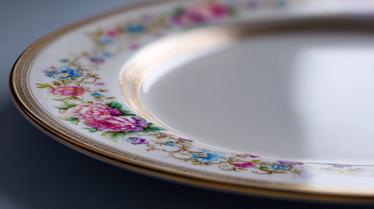 Nahaufnahme eines hochwertigen Bone-China-Tellers mit einer makellos glatten Glasur und elegantem Dekor.