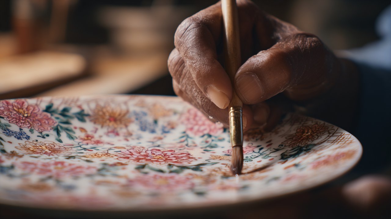 Die Hände eines Kunsthandwerkers dekorieren einen Teller aus Knochenporzellan präzise mit einem feinen Pinsel.