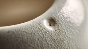Macro close-up of a B-grade bone china piece showing a subtle pinhole flaw.