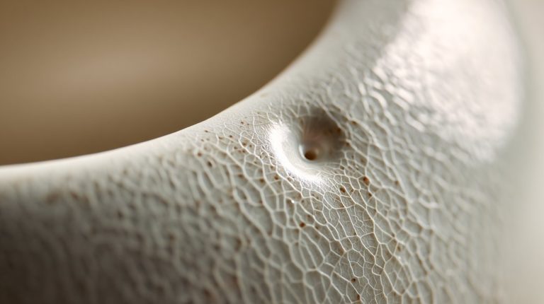 Macro close-up of a B-grade bone china piece showing a subtle pinhole flaw.