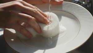 Hands gently washing a delicate bone china plate with a soft sponge.