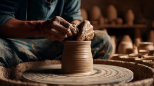 Close-up of artisan's hands shaping clay