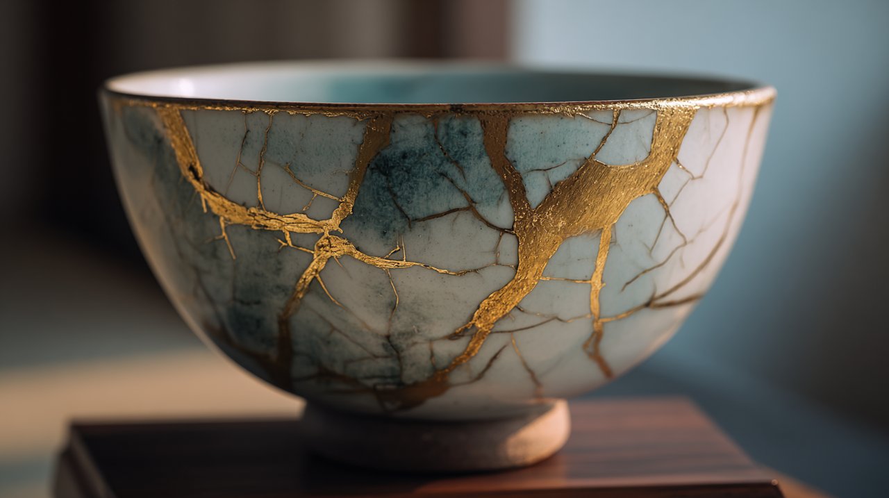 Kintsugi-Keramikschale mit sichtbaren Goldreparaturen