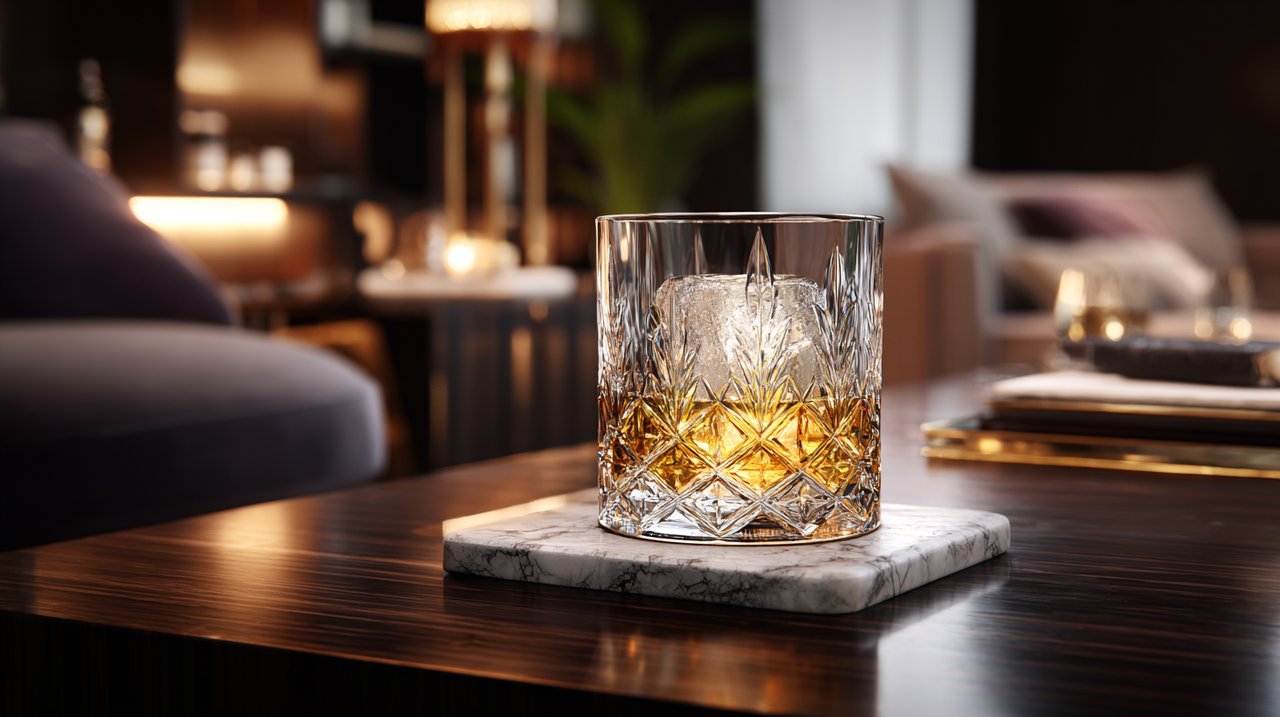KAGAMI-Kristall-Whiskyglas in einem modernen Luxus-Ambiente.