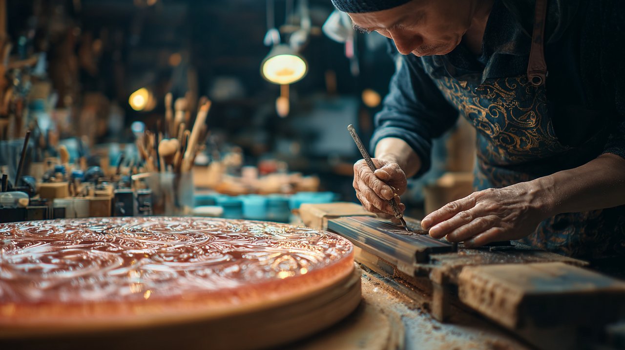 Die Hände eines Kunsthandwerkers beim Einschleifen von Edo-Kiriko-Kristallglas.
