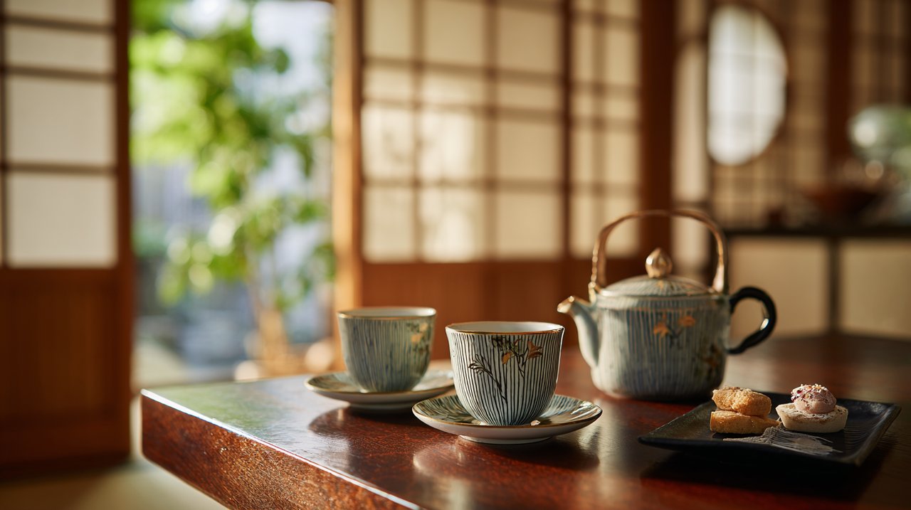 Elegantes Tee-Arrangement für zwei Personen mit Porzellangeschirr und japanischen Süßigkeiten.