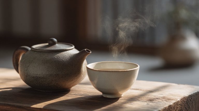 Minimalist tea ceremony setup with porcelain cup and clay teapot.