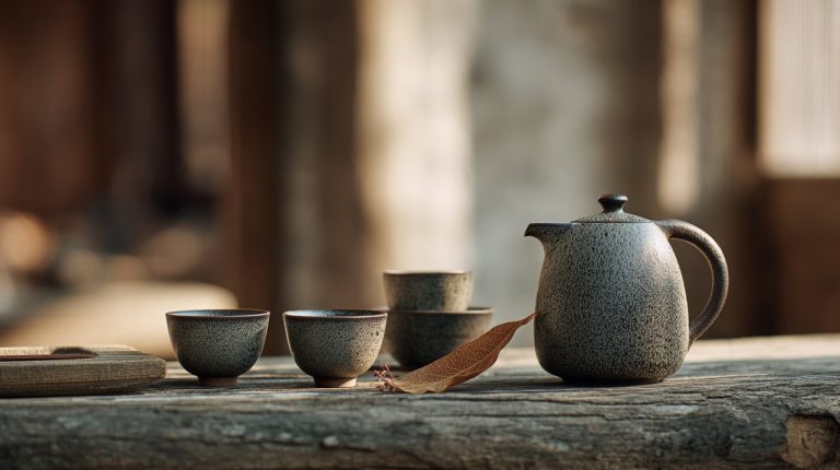 A minimalist handcrafted ceramic tea set on a wooden table, illuminated by soft light.
