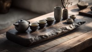 Traditional Chinese tea ceremony setup on a wooden tray with a teapot, cups, and tea pet.