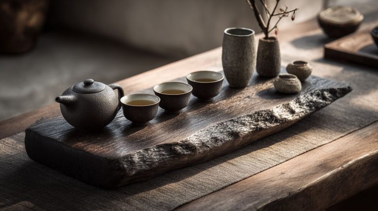 Traditional Chinese tea ceremony setup on a wooden tray with a teapot, cups, and tea pet.