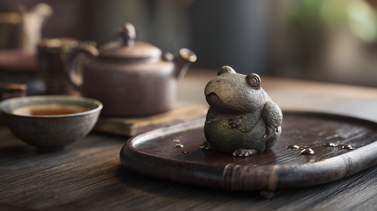Unglasierte Keramik-Teefigur in Form eines Frosches, auf dessen Oberfläche Wassertropfen glitzern.