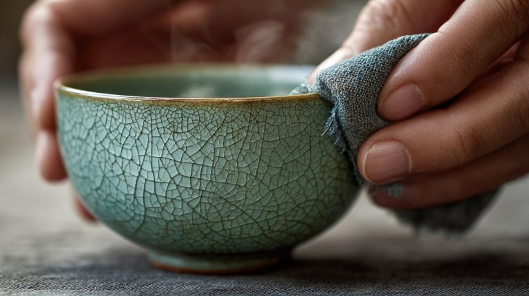 A person's hands gently wiping a celadon teacup, demonstrating mindful care.