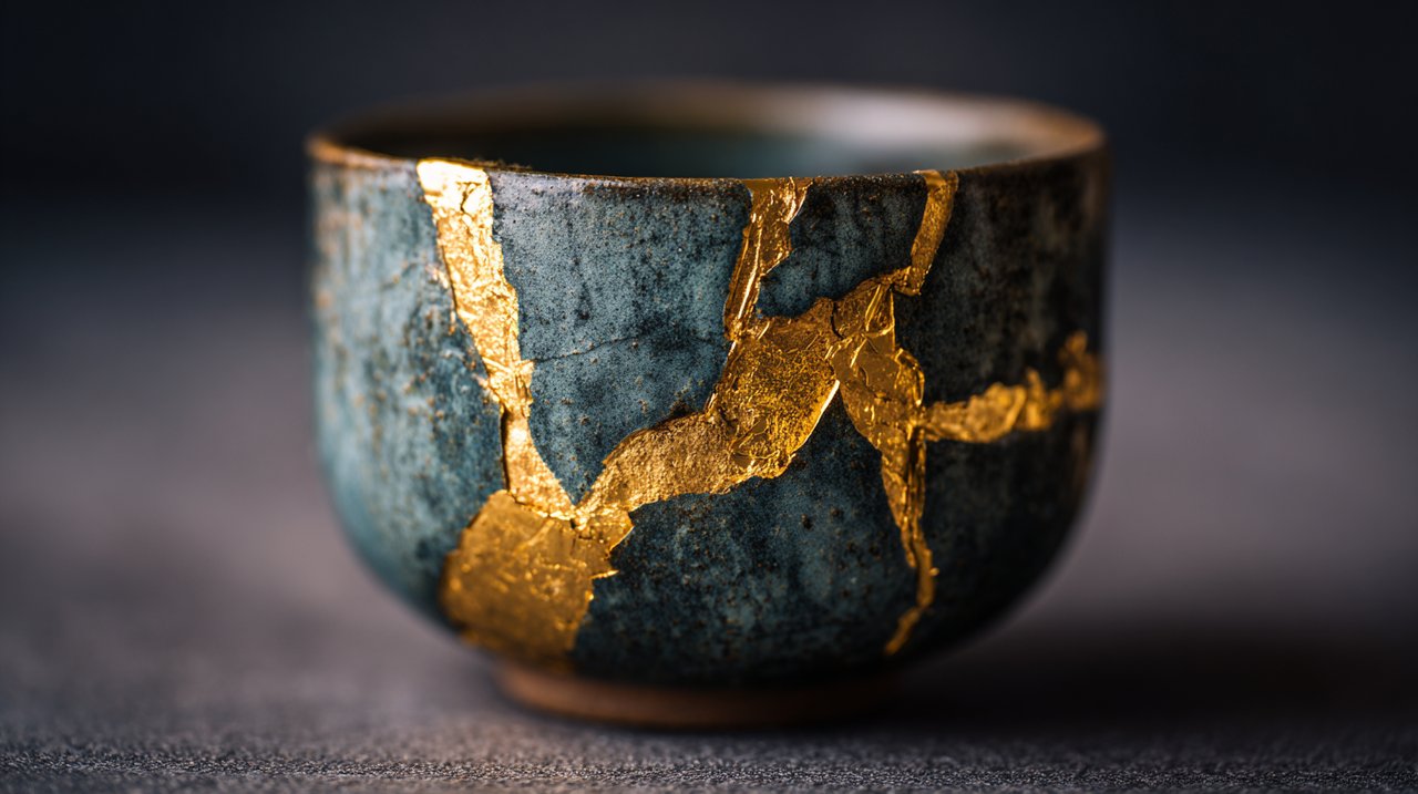 A ceramic teacup beautifully repaired with the Kintsugi technique, highlighting gold lines.