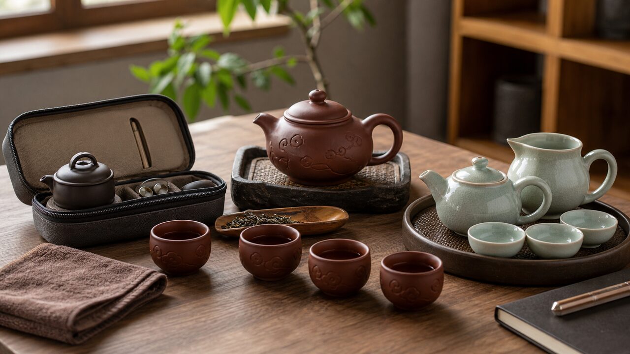 Gongfu-Teesets für den täglichen Gebrauch Gongfu-Teesets aus Tonschlamm und Seladon auf einem Holzschreibtisch für den täglichen Gebrauch