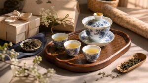 Blue and white porcelain gaiwan tea set arranged with gift wrapping and loose tea