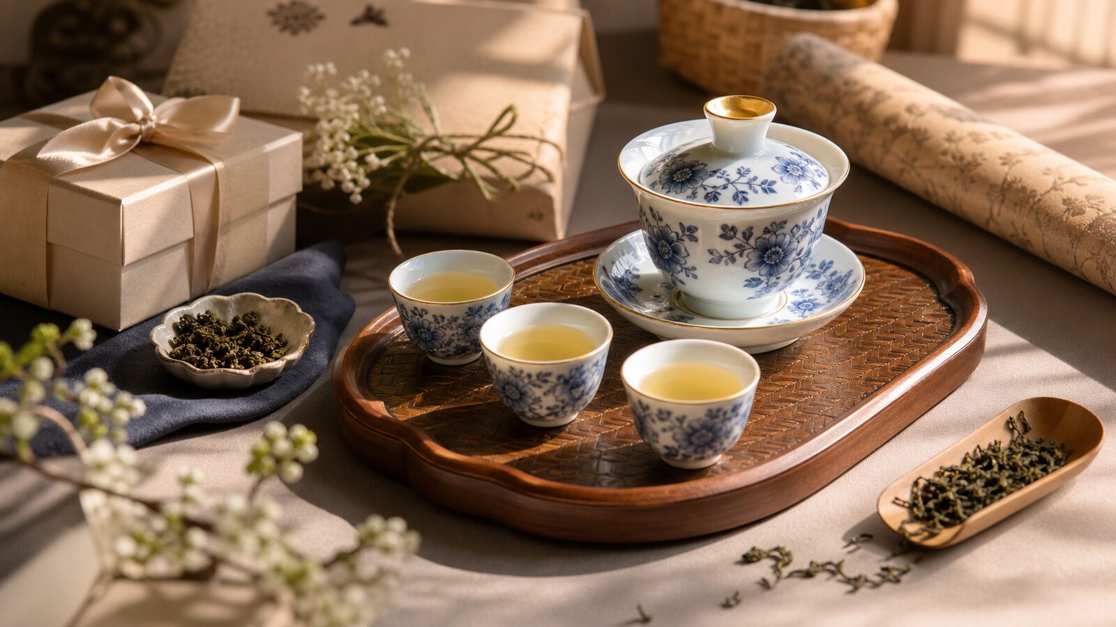 Blue and white porcelain gaiwan tea set arranged with gift wrapping and loose tea
