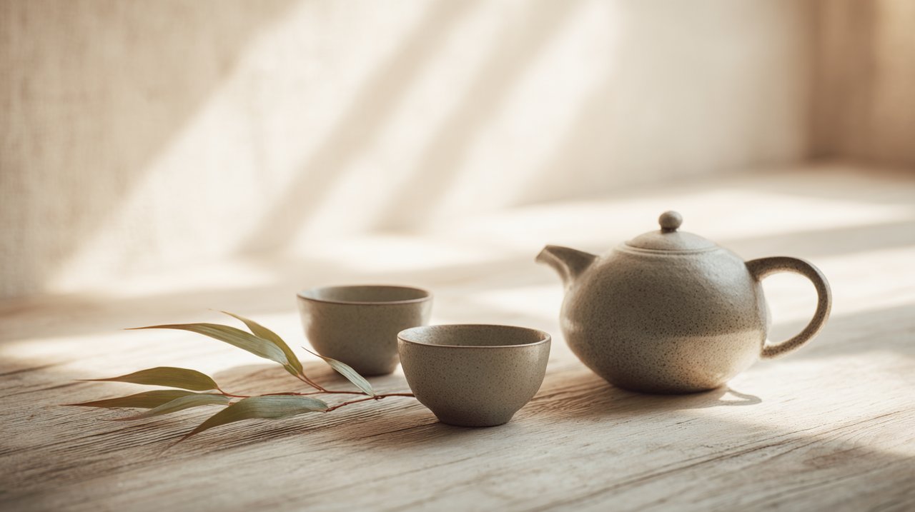 A minimalist Japanese tea set on a wooden table with soft lighting.
