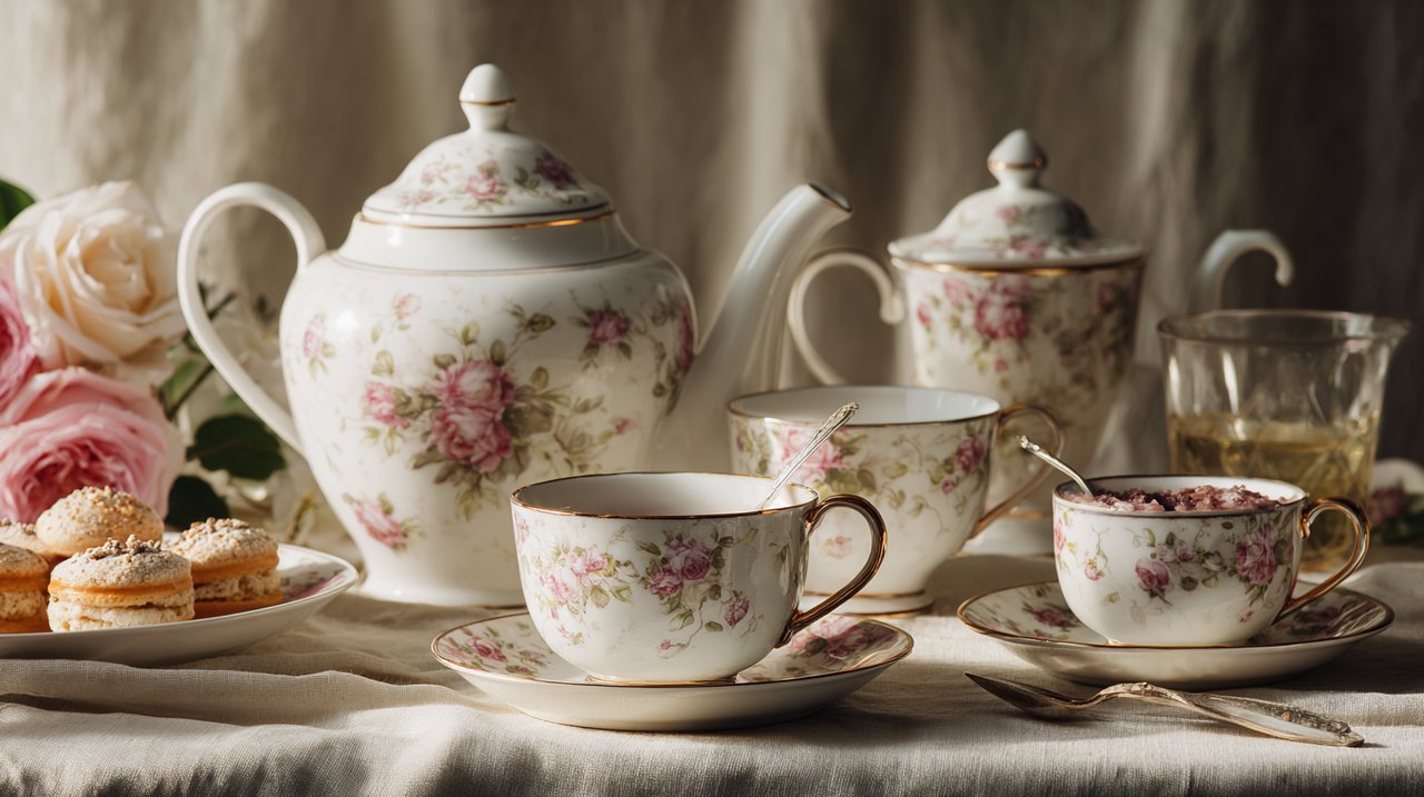 Ein elegantes Porzellan-Teeservice im westlichen Stil mit Tassen und Untertassen, bereitgestellt für den Nachmittagstee.