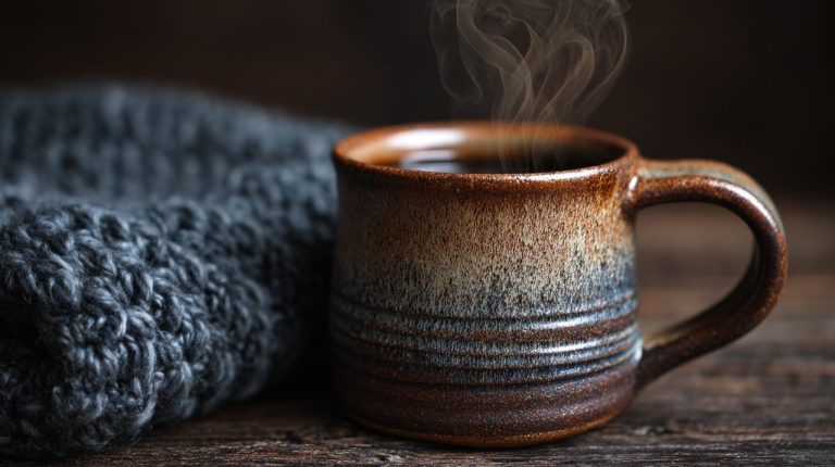 A handcrafted ceramic mug with steam rising, on a rustic wooden surface.