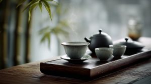 A minimalist traditional Eastern tea ceremony setup with a porcelain gaiwan.