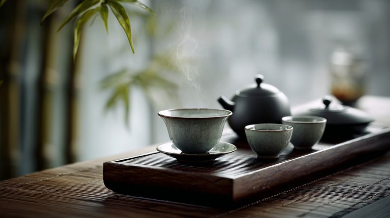 A minimalist traditional Eastern tea ceremony setup with a porcelain gaiwan.