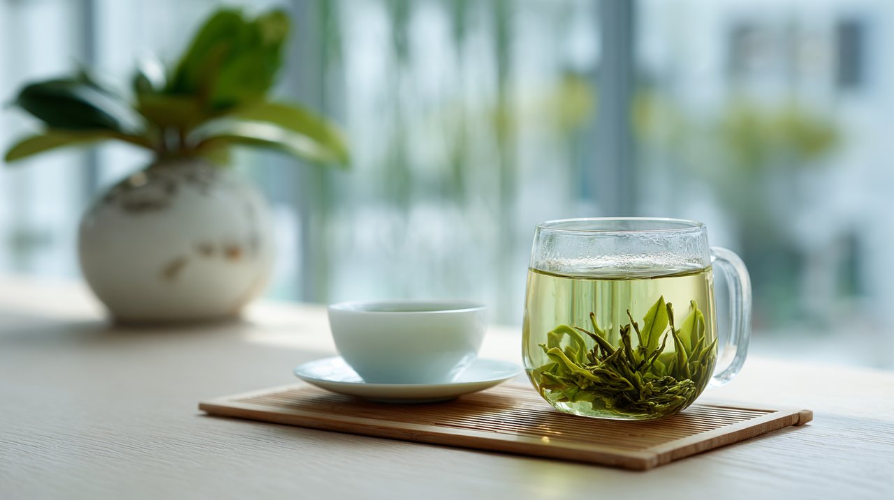 Eine perfekt abgestimmte Glastasse und ein Porzellan-Gaiwan mit grünem Tee.
