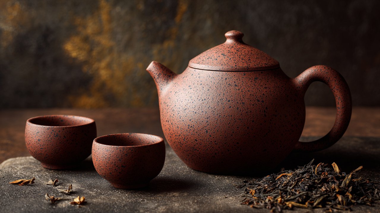 Eine traditionelle Yixing-Tonkanne und kleine Verkostungstassen.