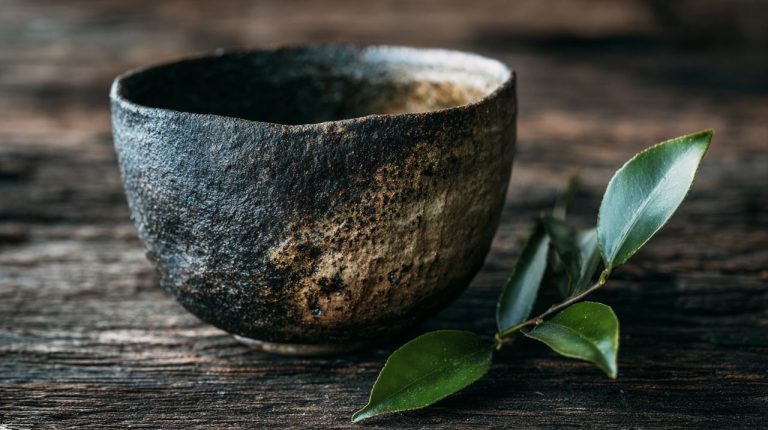 A rustic Japanese Chawan tea bowl on a wooden surface.