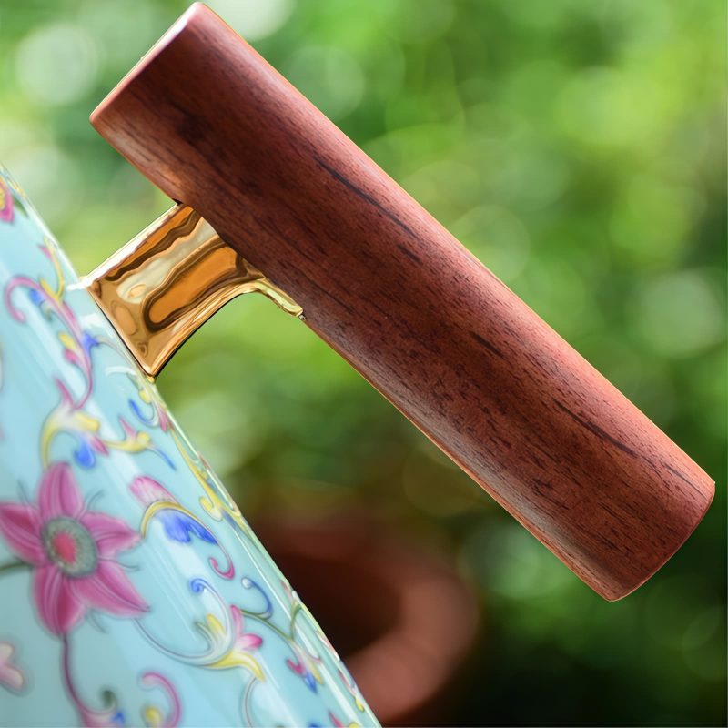 Flower Pattern Porcelain Tea Mug with Wood Handle & Infuser - 6