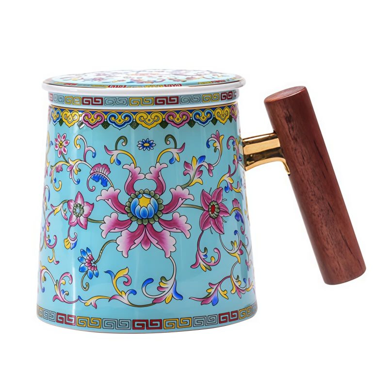 Flower Pattern Porcelain Tea Mug with Wood Handle & Infuser - 9