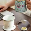 Flower Pattern Porcelain Tea Mug with Wood Handle & Infuser - 7