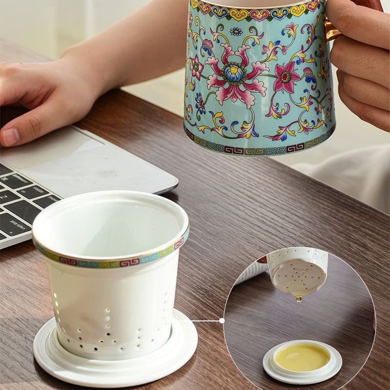 Flower Pattern Porcelain Tea Mug with Wood Handle & Infuser - 7
