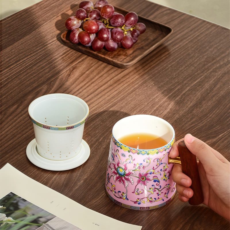 Flower Pattern Porcelain Tea Mug with Wood Handle & Infuser - 2