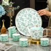 Porzellan-Teeservice in Hellgrün mit Blättermotiv und drehbarem Tablett Light Green Leaf Porcelain Tea Set with Rotating Tray - 1