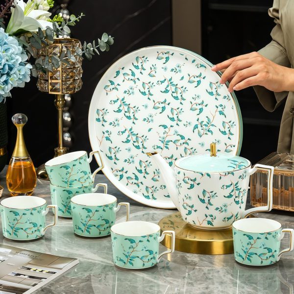 Light Green Leaf Porcelain Tea Set with Rotating Tray - 1