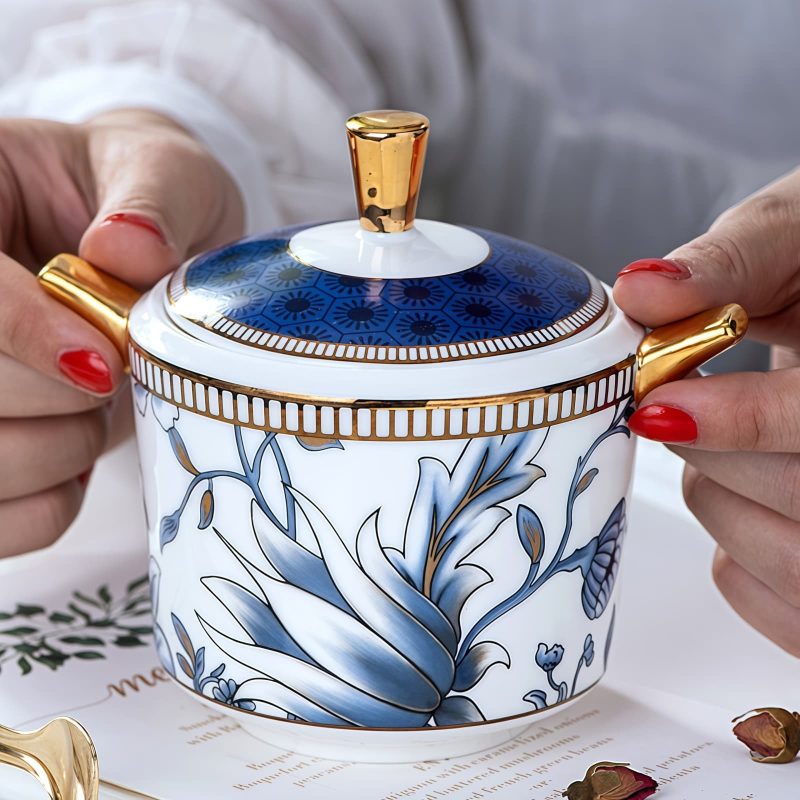 Blue & White Magnolia Bone China Creamer & Sugar Bowl Set | Yucca Collection - 2