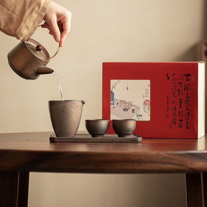 Deep Brown Vintage Japanese Gongfu Ceramic Tea Set with Rust Glaze - 2