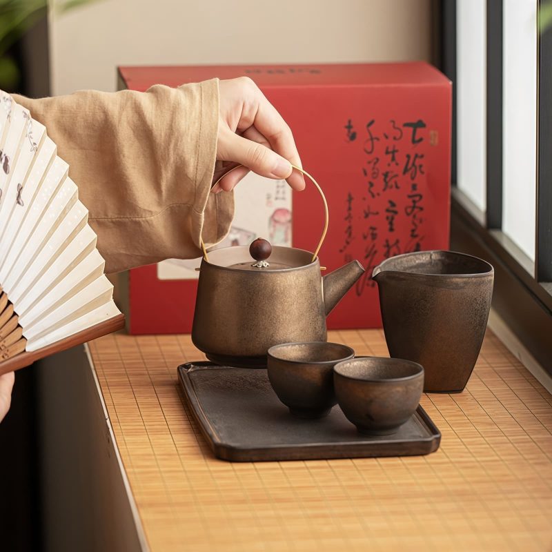 Deep Brown Vintage Japanese Gongfu Ceramic Tea Set with Rust Glaze - 1