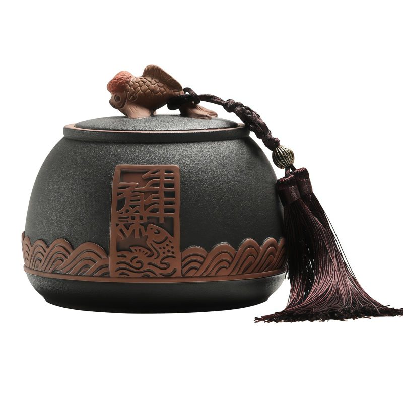 Teedose aus lila Ton mit Fisch-Relief Purple Pottery Fish Tea Caddy: Airtight Loose Tea Storage - 9