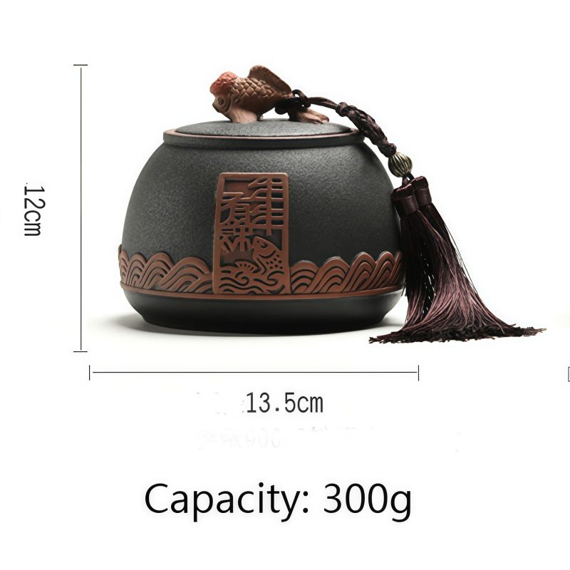 Teedose aus lila Ton mit Fisch-Relief Purple Pottery Fish Tea Caddy: Airtight Loose Tea Storage - 6