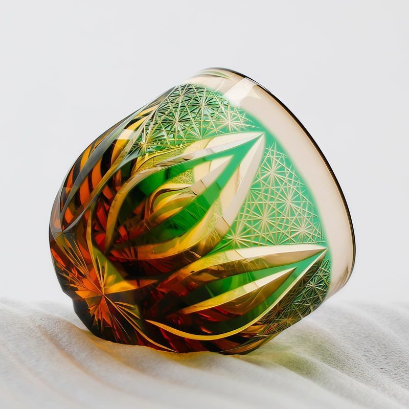 Handgeschliffenes Edo-Kiriko Sake-Glas aus grün-bernsteinfarbenem Kristall Edo Kiriko Green-Amber Crystal Sake Glass | Handcrafted Japanese Drinkware - 5