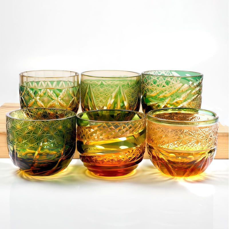 Handgeschliffenes Edo-Kiriko Sake-Glas aus grün-bernsteinfarbenem Kristall Edo Kiriko Green-Amber Crystal Sake Glass | Handcrafted Japanese Drinkware - 20