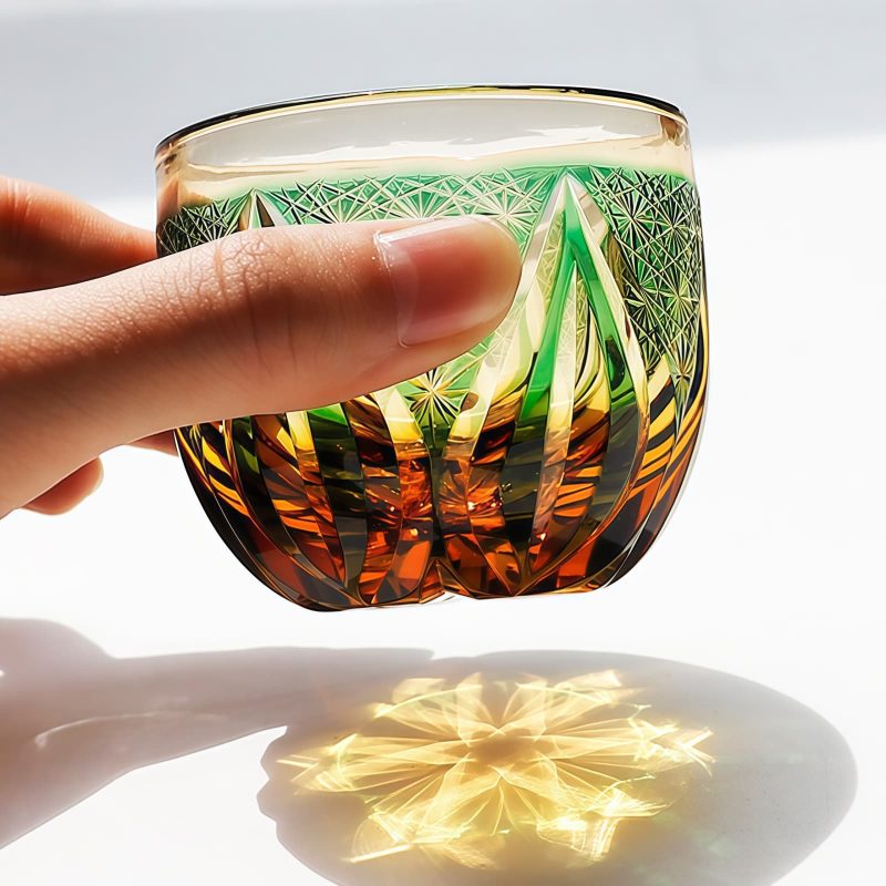 Handgeschliffenes Edo-Kiriko Sake-Glas aus grün-bernsteinfarbenem Kristall Edo Kiriko Green-Amber Crystal Sake Glass | Handcrafted Japanese Drinkware - 4