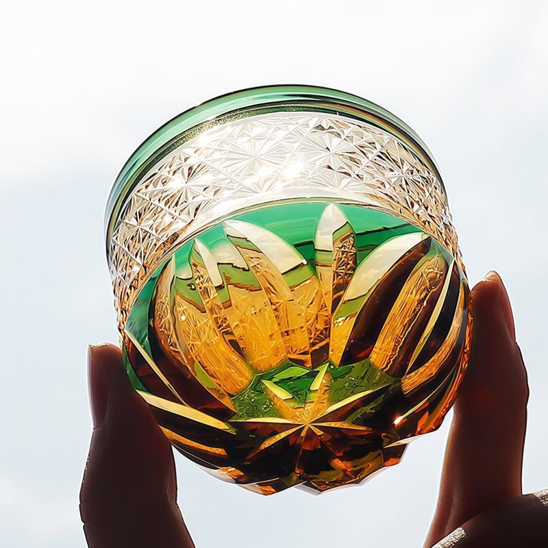 Handgeschliffenes Edo-Kiriko Sake-Glas aus grün-bernsteinfarbenem Kristall Edo Kiriko Green-Amber Crystal Sake Glass | Handcrafted Japanese Drinkware - 18