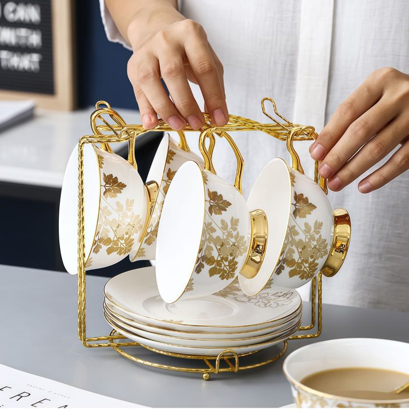 Bone China Teetasse und Unterteller Set mit goldenem Ahornblatt & Goldgriff Gold Maple Leaf Bone China Tea Cup & Saucer Set with Gold Handle - 5