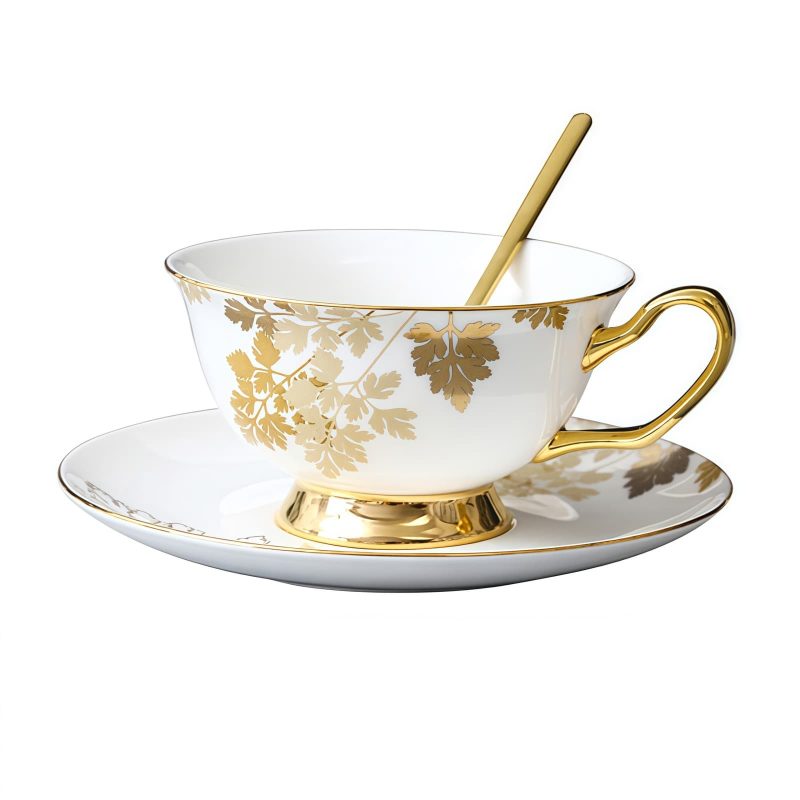 Bone China Teetasse und Unterteller Set mit goldenem Ahornblatt & Goldgriff Gold Maple Leaf Bone China Tea Cup & Saucer Set with Gold Handle - 6