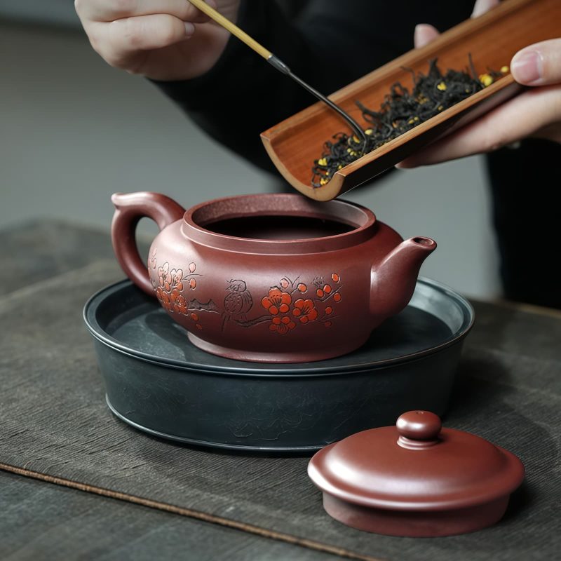 Handmade Plum Blossom Bird Yixing Purple Clay Tea Set - 4