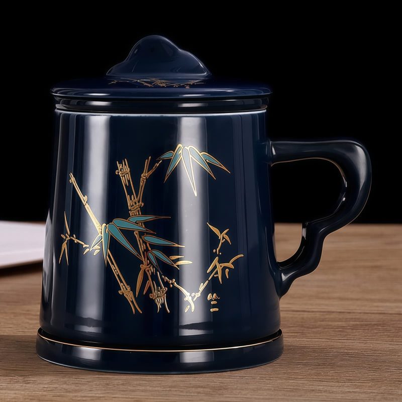 Teetasse aus Porzellan mit Bambus-Motiv, Sieb und Deckel Bamboo Pattern Porcelain Tea Mug with Infuser & Lid | 12 OZ Loose Leaf - 2