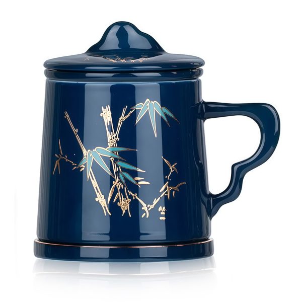 Teetasse aus Porzellan mit Bambus-Motiv, Sieb und Deckel Teetasse aus Porzellan mit Bambus-Motiv, Sieb und Deckel