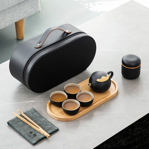 Golden Cloud Ceramic Travel Tea Set with Gold Trim | Gongfu Tea Kit - 1